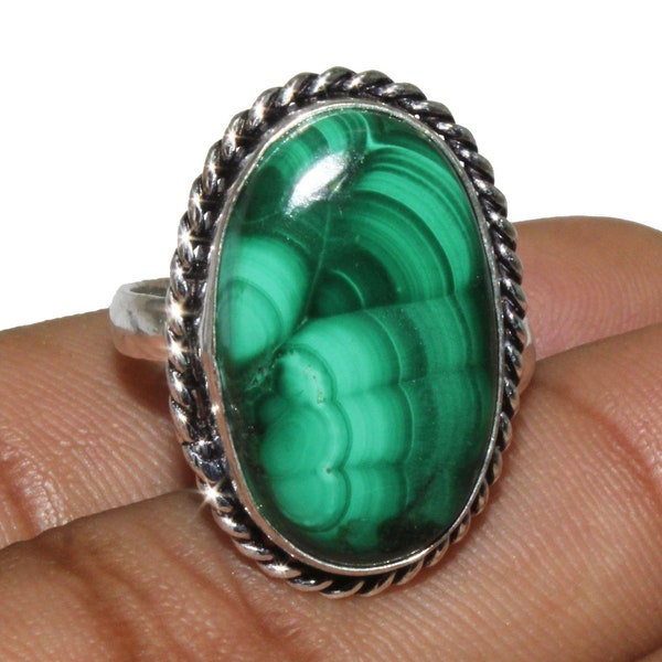 Natural Malachite Ring, Adjustable Ring, Ethnic Ring, Vintage Style Ring, Jewelry From India, 925 Sterling Silver Plated Jewelry (MKAD-28)