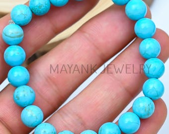 Sleeping Beauty Turquoise Beads Gemstone Bracelet, 8mm Round Bead Bracelet, Stretchy Beads Bracelet, Crystal Handmade Bracelet, MK-LOT-BB04