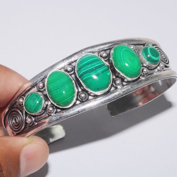 Malachite Bangle, Adjustable Cuff Bangle, Gemstone Bangle, Ethnic Jewelry Bangle, 925 Sterling Silver Plated Jewelry ''MB-4''