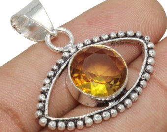 Citrine Eye Pendant, Boho Charm Pendant, Gift For Her, Gemstone Eye Pendant, Designer Pendant, 925 Sterling Silver Plated Jewelry(MK-LOT)