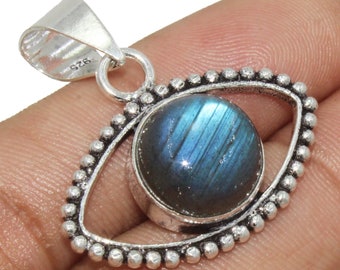 Natural Labradorite Pendant, Boho Charm Eye Pendant, Gemstone Eye Pendant, Handmade Pendant, 925 Sterling Silver Plated Jewelry (MK-LOT)