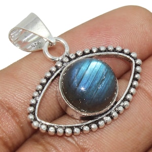 Natural Labradorite Pendant, Boho Charm Eye Pendant, Gemstone Eye Pendant, Handmade Pendant, 925 Sterling Silver Plated Jewelry (MK-LOT)