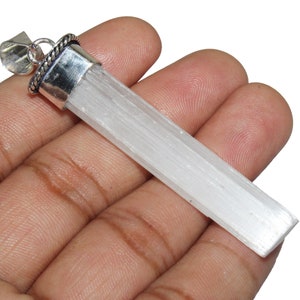 Selenite Gemstone Stick Pendant, Raw Selenite Pencil, Reiki Healing Pendant, 925 Sterling Silver Plated Jewelry Size 3 (MK-52-32)