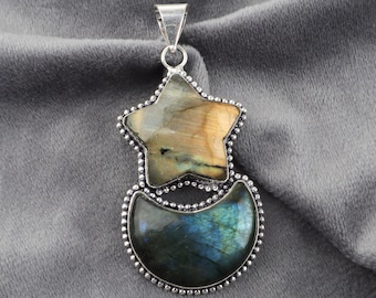 Labradorite Moon & Star Shape Gemstone Pendant, Vintage Style Jewelry, Designer Pendant, 925 Sterling Silver Plated Jewelry (MK-18-LOT)
