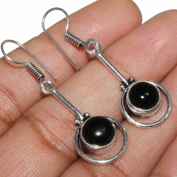 Black Onyx Gemstone Earring, Black Onyx Gemstone Earring, Ethnic Jewelry Handmade Earring, 925 Sterling Silver Plated Earring MKLOT-E11