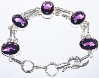 Amethyst Quartz Gemstone Bracelet, Ethnic Handmade Bracelet, Christmas Gift For Her, 925 Sterling Silver Plated Bracelet Size 8 (MK-25-LOT)