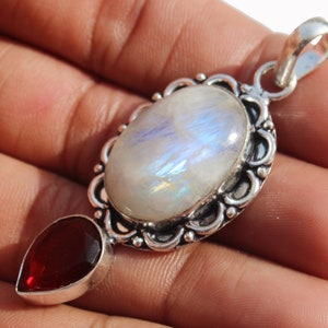 Moonstone & Garnet Pendant, Gemstone Pendant, Gift Pendant, Vintage Jewelry, Valentine's Day, 925 Sterling Silver Plated Jewelry (MK-18-LOT)