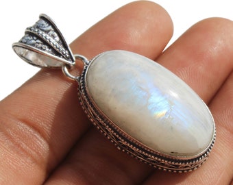 Moonstone Gemstone Pendant, Healing Pendant, Valentine&#39; Day Gift, Vintage Style Pendant, 925 Sterling Silver Plated Jewelry (MK-64-70-LOT)