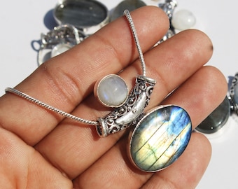 Labradorite & Moonstone Gemstone Pendant, Vintage Style Jewelry, Gift For Her, 925 Sterling Silver Plated Jewelry (MK-18-LOT)
