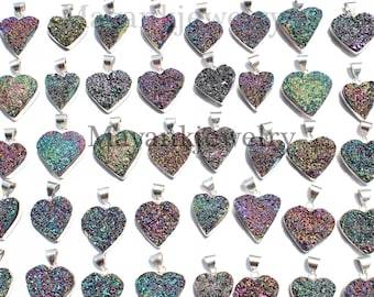 Forme de coeur! Pendentif en pierre précieuse Druzy enduit, pendentif Druzy coeur de taille mixte, pendentifs Reiki, bijoux plaqués argent sterling 925 (LOT-04)