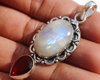 Moonstone & Garnet Pendant, Gemstone Pendant, Gift Pendant, Vintage Jewelry, Valentine&#39;s Day, 925 Sterling Silver Plated Jewelry (MK-18-LOT)