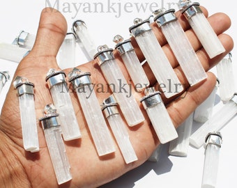 Natural Selenite Gemstone Stick Pendant, Mix Size Raw Selenite Pencil Pendant, Reiki Pendant, 925 Sterling Silver Plated Jewelry (MK-LOT-02)