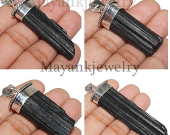 Natural Black Tourmaline Gemstone Stick Pendant, Mix Siz Raw Tourmaline Pencil Reiki Pendant, 925 Sterling Silver Plated Jewelry (MK-LOT-01)