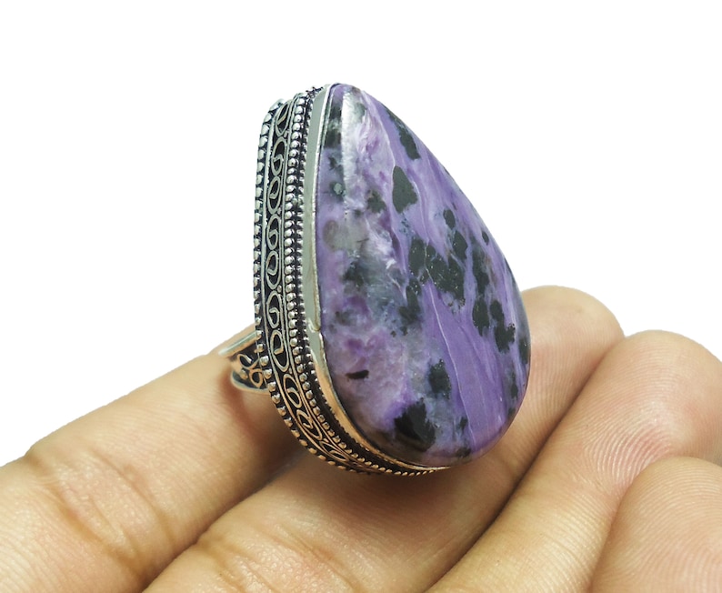 MK-07 Natural Russian Charoite Ring Huge Russian Charoite Ring Gift For Her Healing Ring 925 Sterling Silver Plated Jewelry US Size 7