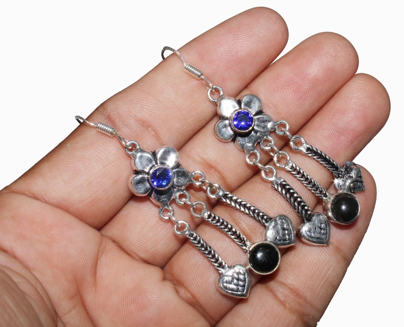Gemstone Earring Designer Earring 925 Sterling Silver Plated Earring Size 2.5 MK- 13 Natural Tanzanite /& Black Onyx Earring