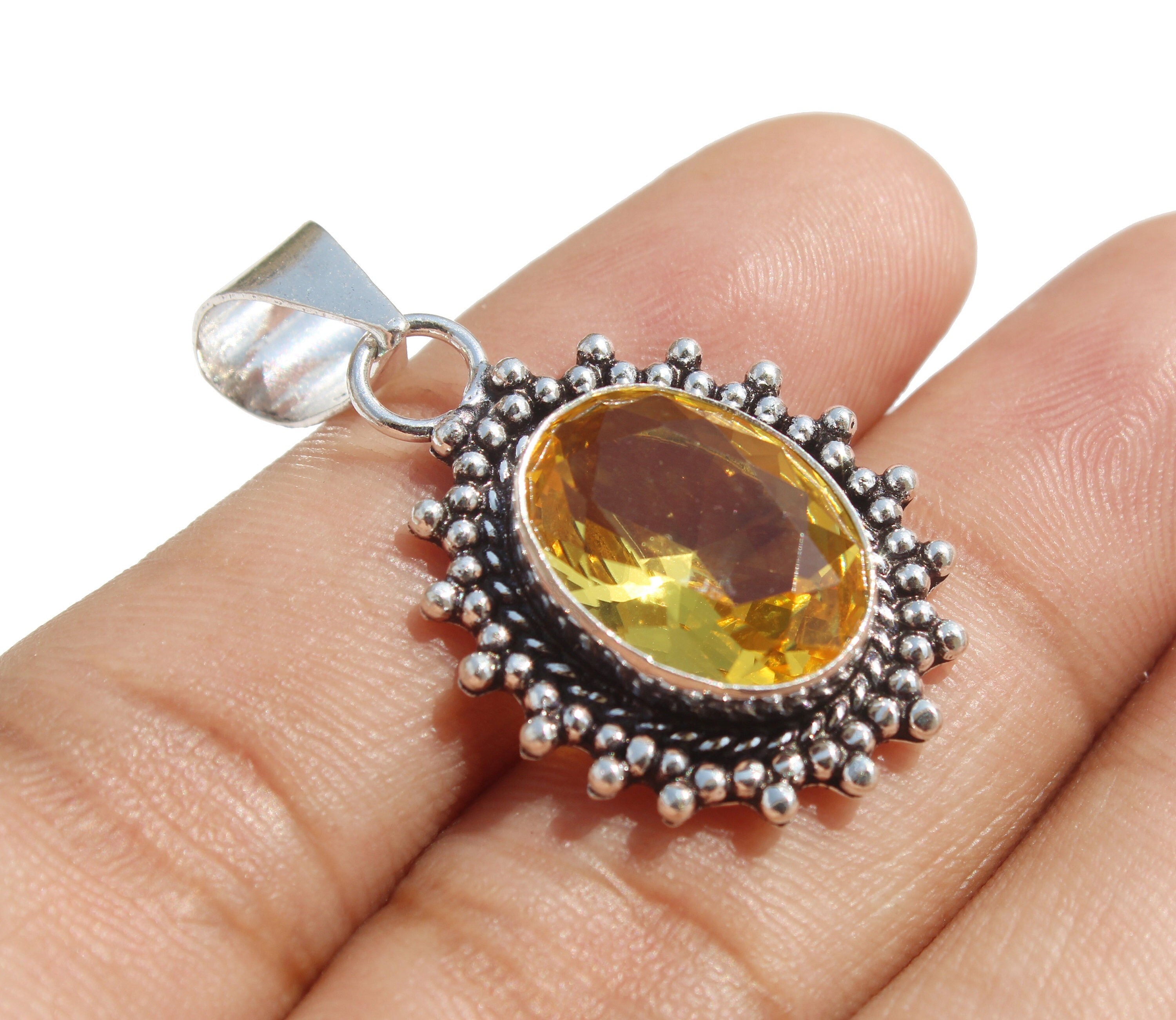 Citrine Gemstone Pendant, Boho Charm Pendant, Gift For Her, Healing Pendant, Designer Pendant, 925 Sterling Silver Plated Jewelry Size 1.5