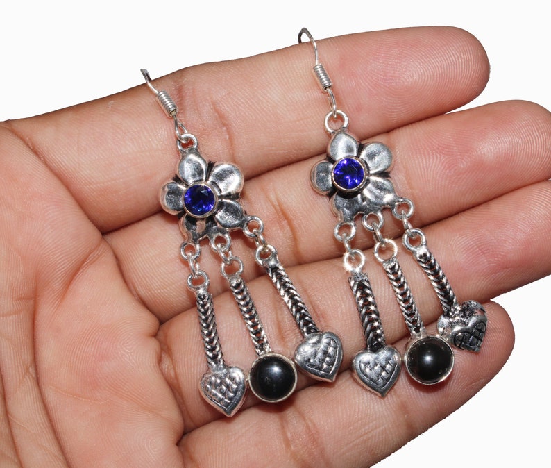 Gemstone Earring Designer Earring 925 Sterling Silver Plated Earring Size 2.5 MK- 13 Natural Tanzanite /& Black Onyx Earring