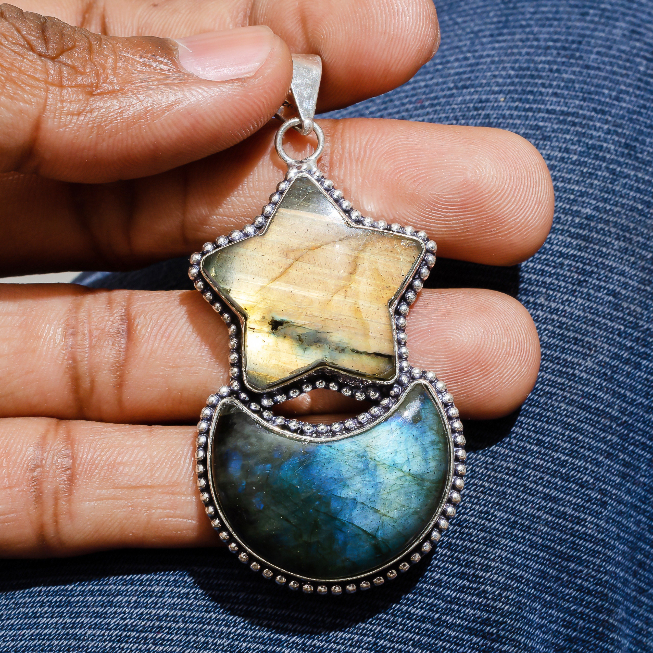 ラブラドライトの月と星の形の宝石ペンダント、ヴィンテージスタイルの