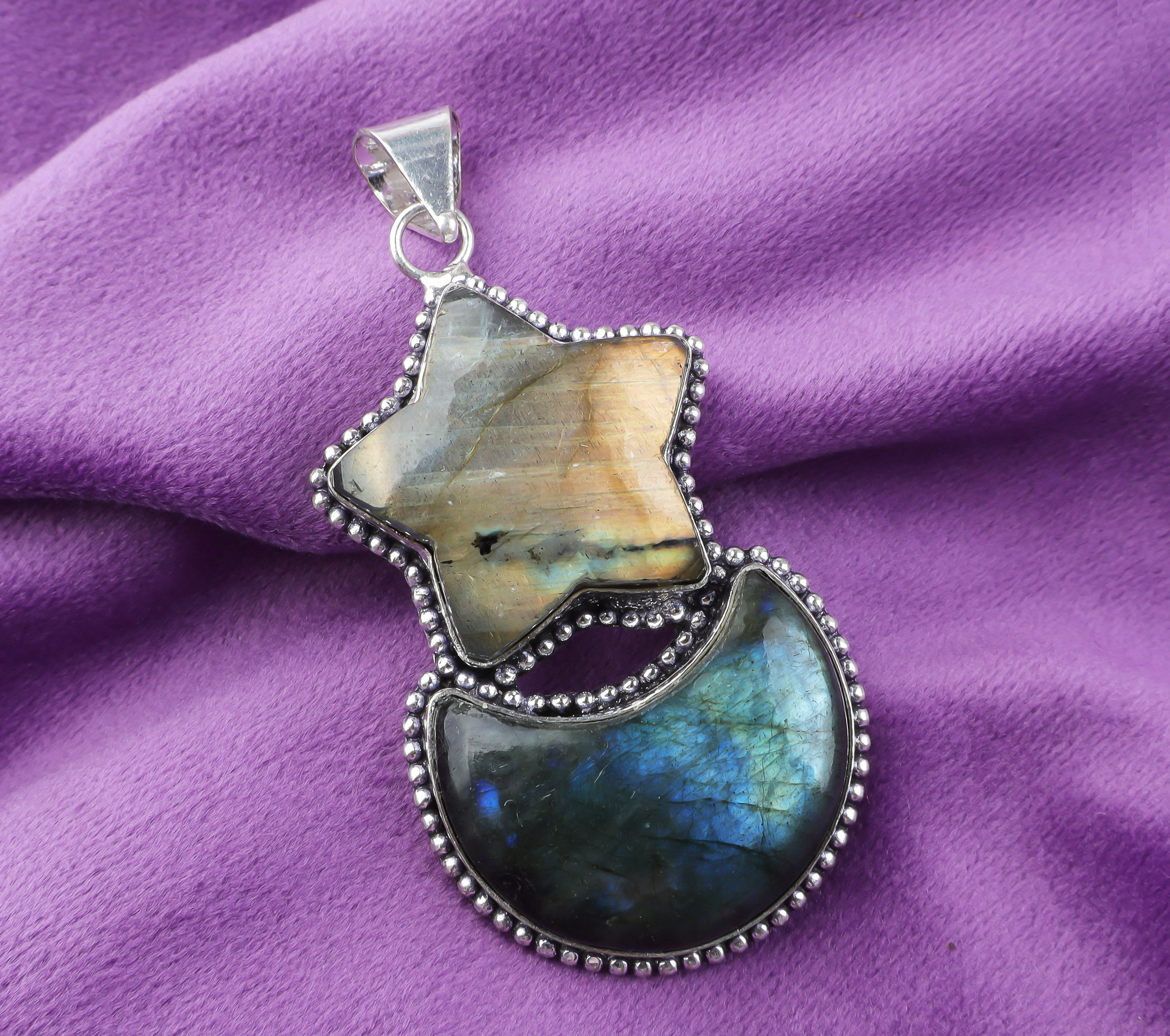 ラブラドライトの月と星の形の宝石ペンダント、ヴィンテージスタイルの