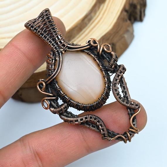 Peach Moonstone Wire Wrapped Pendant Gemstone Jewelry Handmade