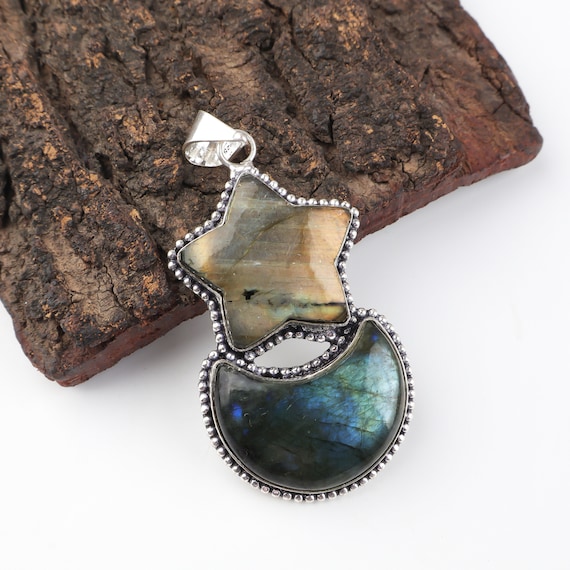 ラブラドライトの月と星の形の宝石ペンダント、ヴィンテージスタイルの