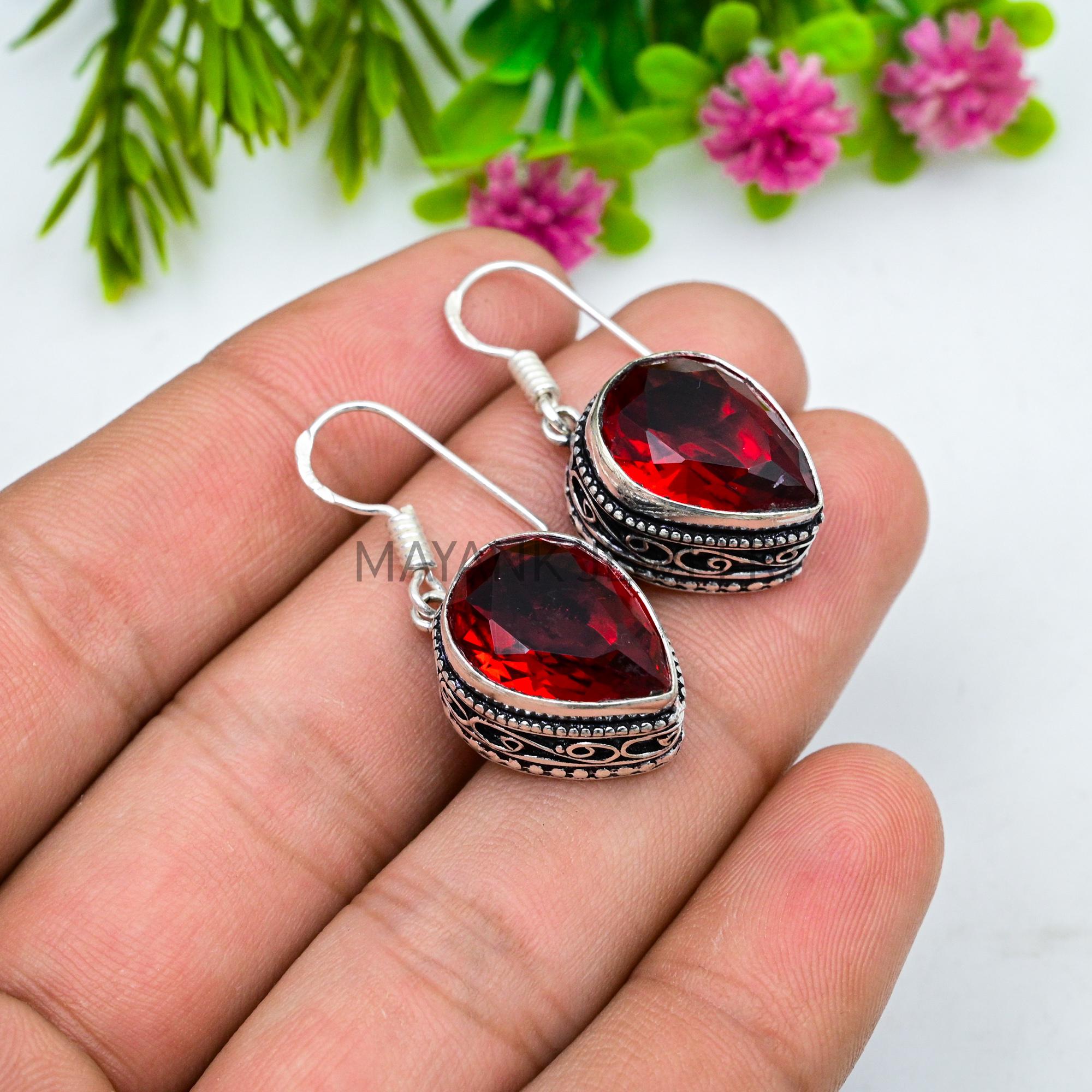 Natural Red Garnet Drop Earrings In 925 Sterling Silver - Handmade Ethnic Style