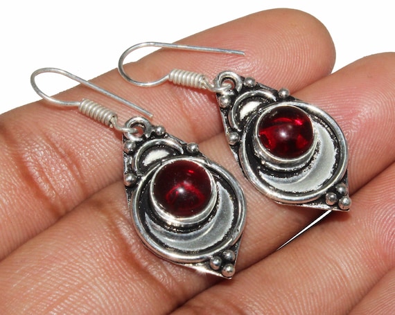Boucles D'Oreilles Pendantes Grenat Lab-Created - Argenté - Style Ethnique Bohème