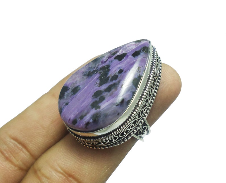 MK-07 Natural Russian Charoite Ring Huge Russian Charoite Ring Gift For Her Healing Ring 925 Sterling Silver Plated Jewelry US Size 7