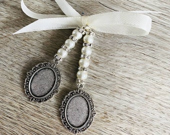 Bridal Bouquet Photo Charm: Silver Oval Frame, Pearl Beads