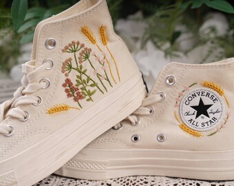 Converse Embroidered Shoes, Converse High Top Shoes,1970s Converse Chuck Taylor, Converse Customized hydrangea embroidery/wedding shoes