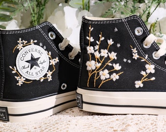 Converse Embroidered Shoes, Converse High Top Shoes,1970s Converse Chuck Taylor, Converse Customized hydrangea embroidery/wedding shoes