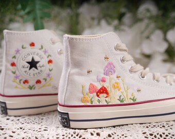 Converse Embroidered Shoes, Converse High Top Shoes,1970s Converse Chuck Taylor, Converse Customized hydrangea embroidery/wedding shoes