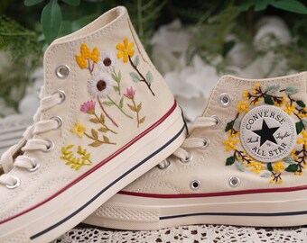 Converse Embroidered Shoes, Converse High Top Shoes,1970s Converse Chuck Taylor, Converse Customized hydrangea embroidery/wedding shoes