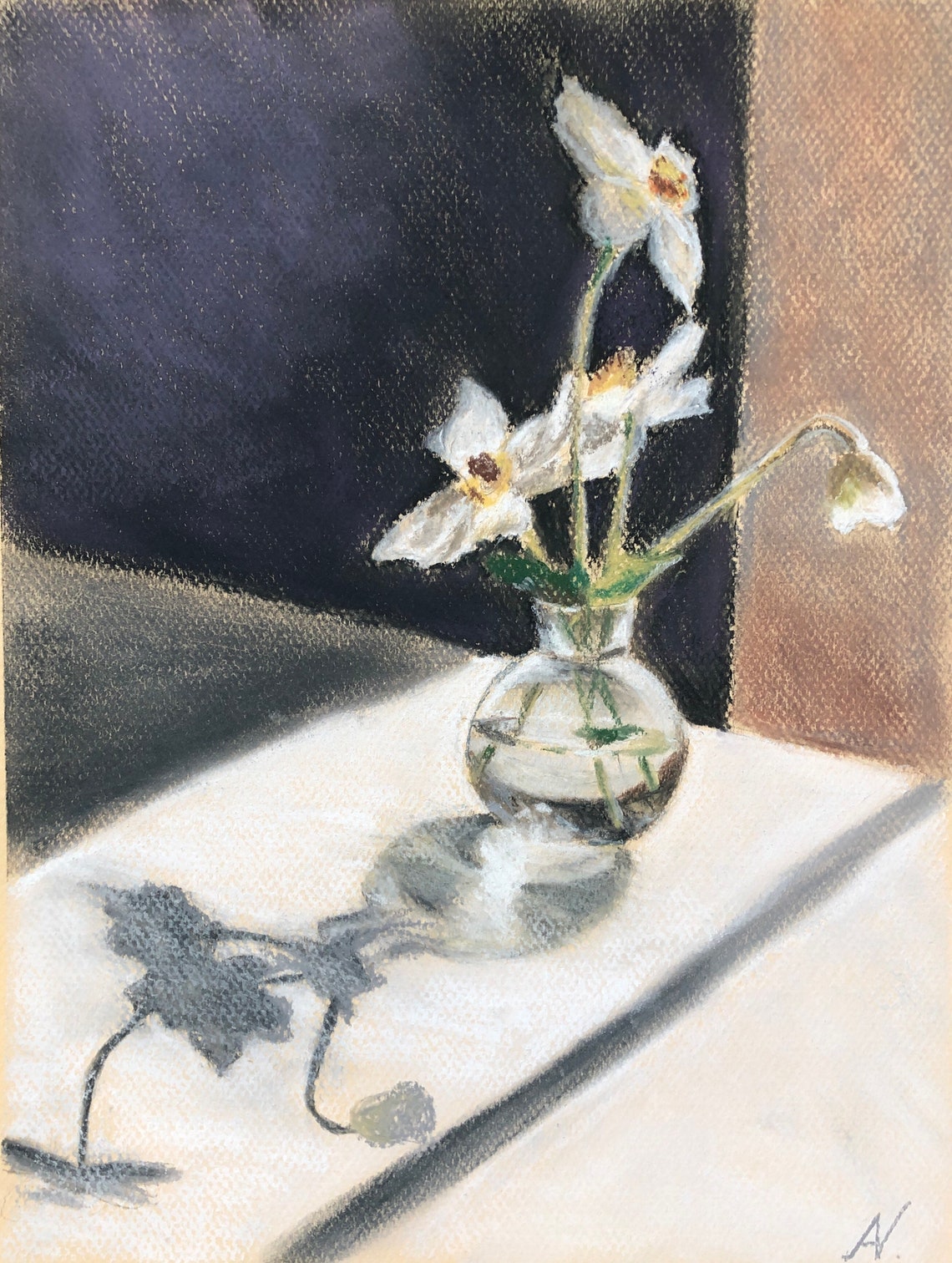 Original dry pastel drawing white flowers shadows wall art Etsy