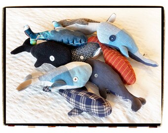 Whale Stuffies - Handmade, hand stitched with pre-loved materials