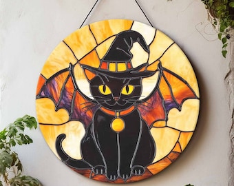 Halloween Black Cat Wooden Door Sign, Spooky Home Decor, Halloween Ghost Decorations, Halloween Black Cat Door Hanger, Gift For Cat Lover