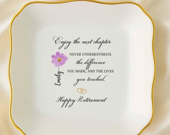 Custom Retirement Ring Dish, Personalized Birth Flower Trinket Tray Retirement Gift For Women, Custom Coworker Jewelry Dish, Coworker Gifts