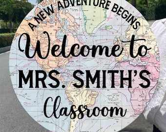 Personalized Teacher Door Sign, World Map Adventure Themed Classroom Sign, Back to School Teacher Gift, Teacher Welcome Sign,Classroom Decor