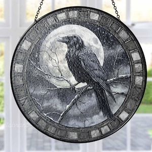 Black Raven Glass Suncatcher, Gothic Crow Window Hanging Decor, Black Raven Halloween Gift, Moon Raven Decor, Halloween Window Decor