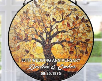 Personalized Tree of Life 50th Anniversary Gift, Golden Anniversary Glass Suncatcher, Tree of Life Window Hanging, 50th Wedding Anniversary