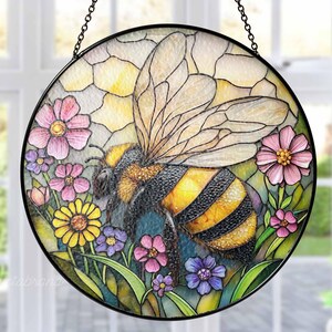 Bee Stained Glass Suncatcher, Honey Bee Window Hanging, Bee and Flower Suncatcher, Beekeeper Gift, Bee Lovers Gift, Wildflower Garden Decor