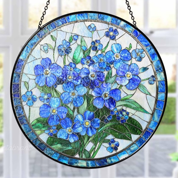 Forget Me Not Glass Suncatcher, Blue Floral Window Hanging Decor, Floral Lover Sun Catcher, Sympathy Gifts, Memory Gift, Loss Gift