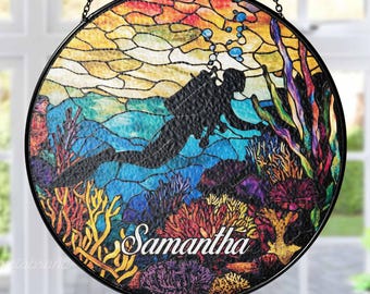 Scuba Diving Stained Glass SunCatcher, Scuba Diver Suncatcher Gift, Ocean Coral Window Hanging Decor, Diving Glass Art, Diver Ornament
