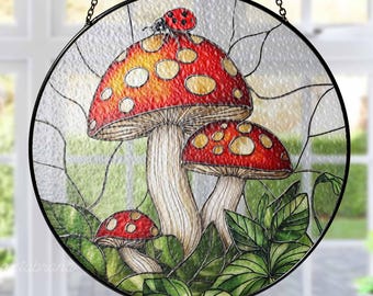 Mushroom Stained Glass Suncatcher, Mushrooms and LadyBug Light Catch Home Decor, Mushroom Window Hanging Art, Mushroom Lovers Gifts