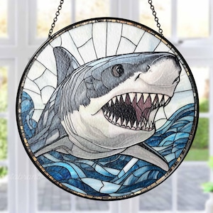 Shark Faux Stained Glass Suncatcher, Shark Suncatcher, Seascape Art Window Hanging Decor, Sea Animals Home Decor, Gifts for Ocean Lovers