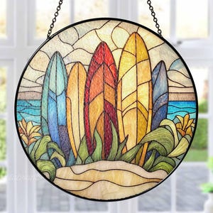 Colorful Surfboards Glass Suncatcher, Surfboards Window Hanging Decor, Seascape Suncatcher Decor, Ocean Decor, Surfboard Wall Art Decor