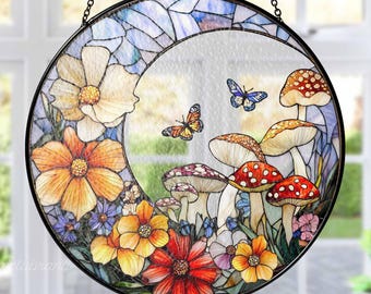 Mushroom Stained Glass Suncatcher, Mushrooms Cottagecore Home Decor, Fly Mushroom Moon Light Catch Window Hanging Art, Mothers Day Gift