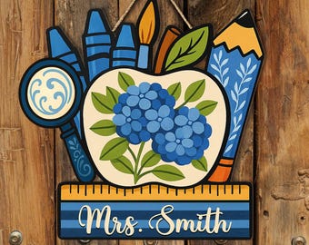 Personalized Teacher Door Sign, Hydrangea Floral Apple Classroom Decor, Back To School, Chinoiserie Teacher Gift, Custom Pencil Ruler Sign