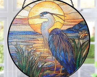 Blue Heron Stained Glass Suncatcher, Birds Lover Gift, Peaceful Art Window Hanging Decor, Outdoor Suncatcher, Blue Heron Lovers Presents