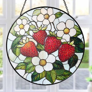Strawberry Branch Glass Suncatcher, Strawberry Floral Window Hanging, Housewarming Gift, Gift For Berry Lover, Strawberry Suncatcher Gift